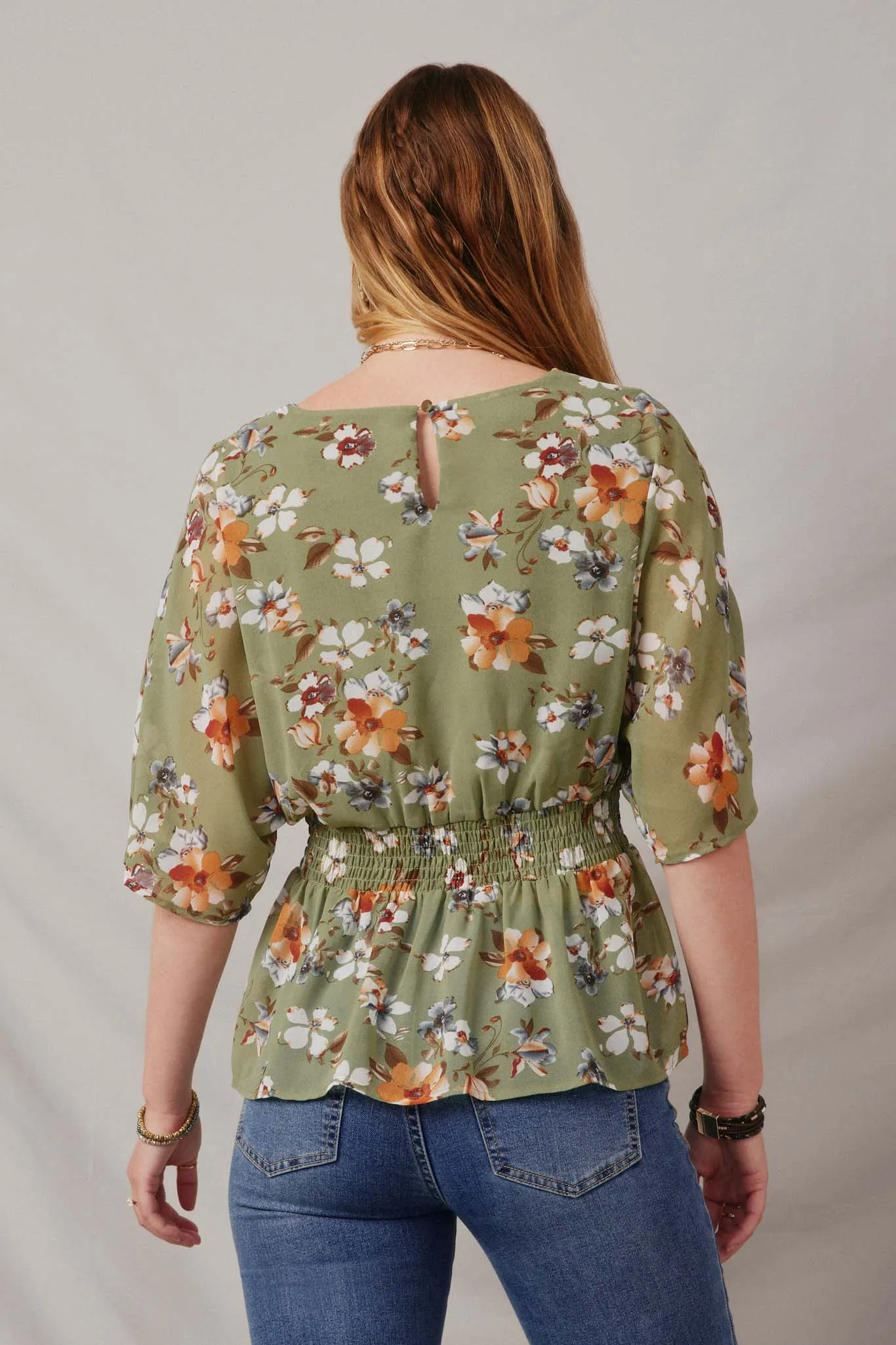 Women Floral Smocked Waist V Neck Dolman