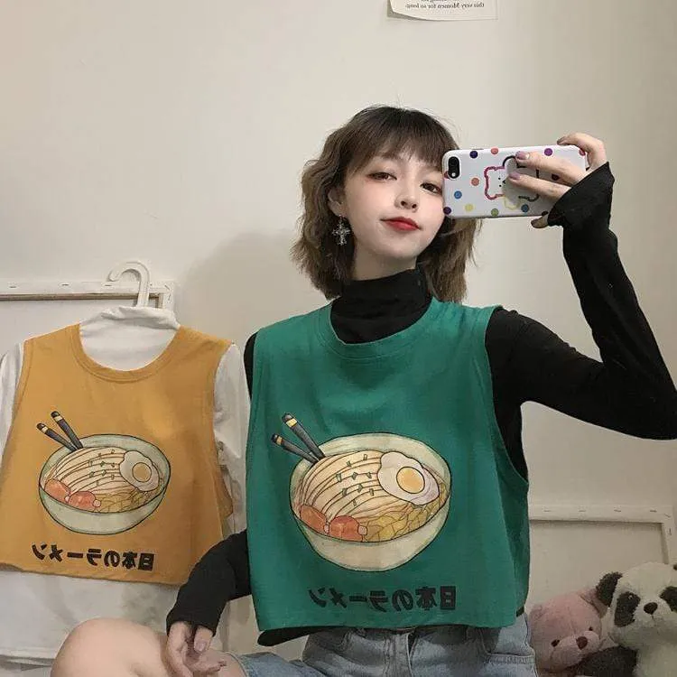 Women's Cute Cartoon Printed Round Collar Crop Tops