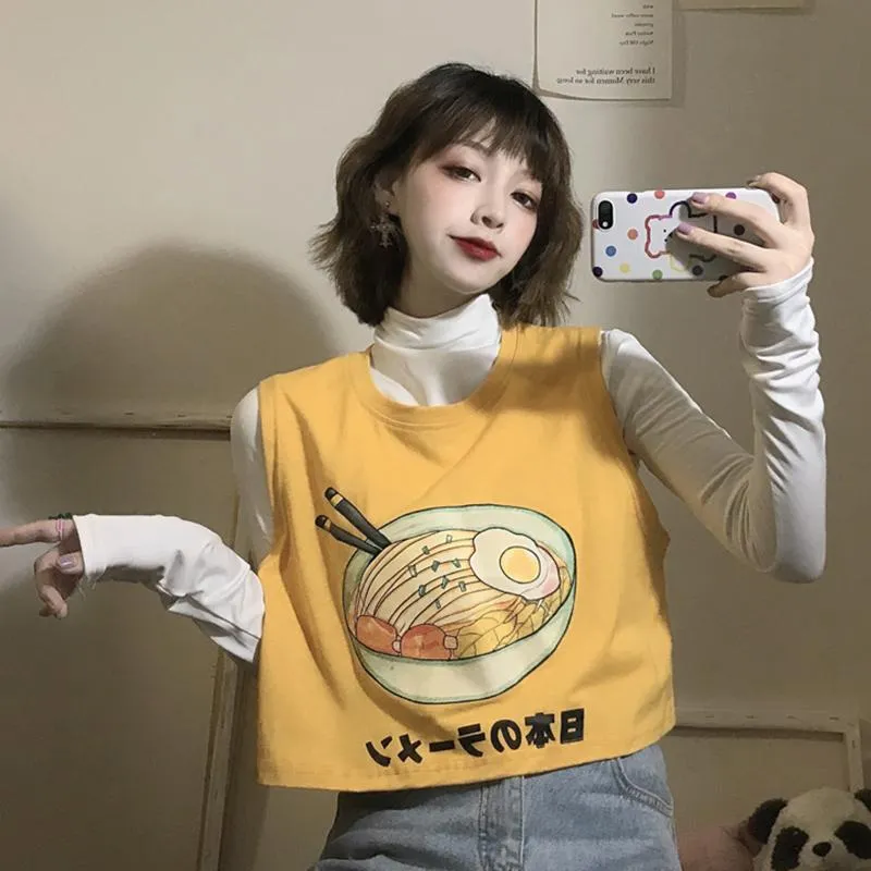 Women's Cute Cartoon Printed Round Collar Crop Tops