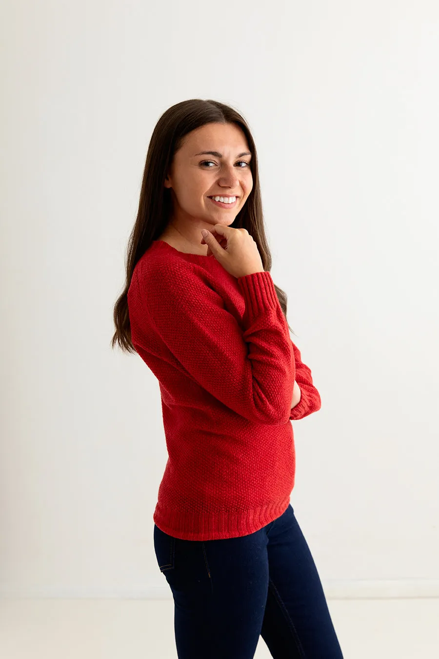 Womens Geelong Superfine Lambswool Moss Stitch Jumper - Red