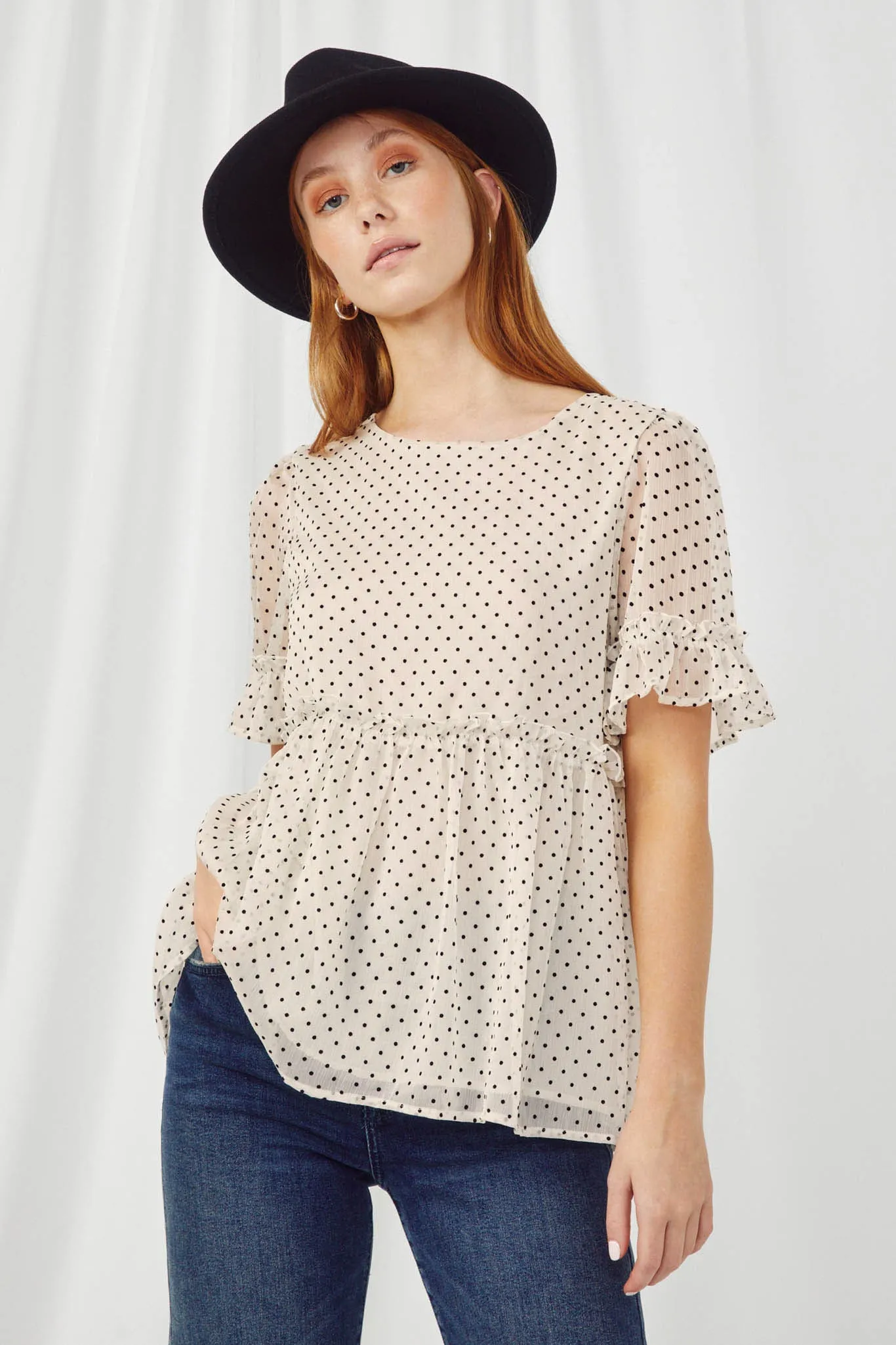 Womens Sheer Polka Dot Peplum Top